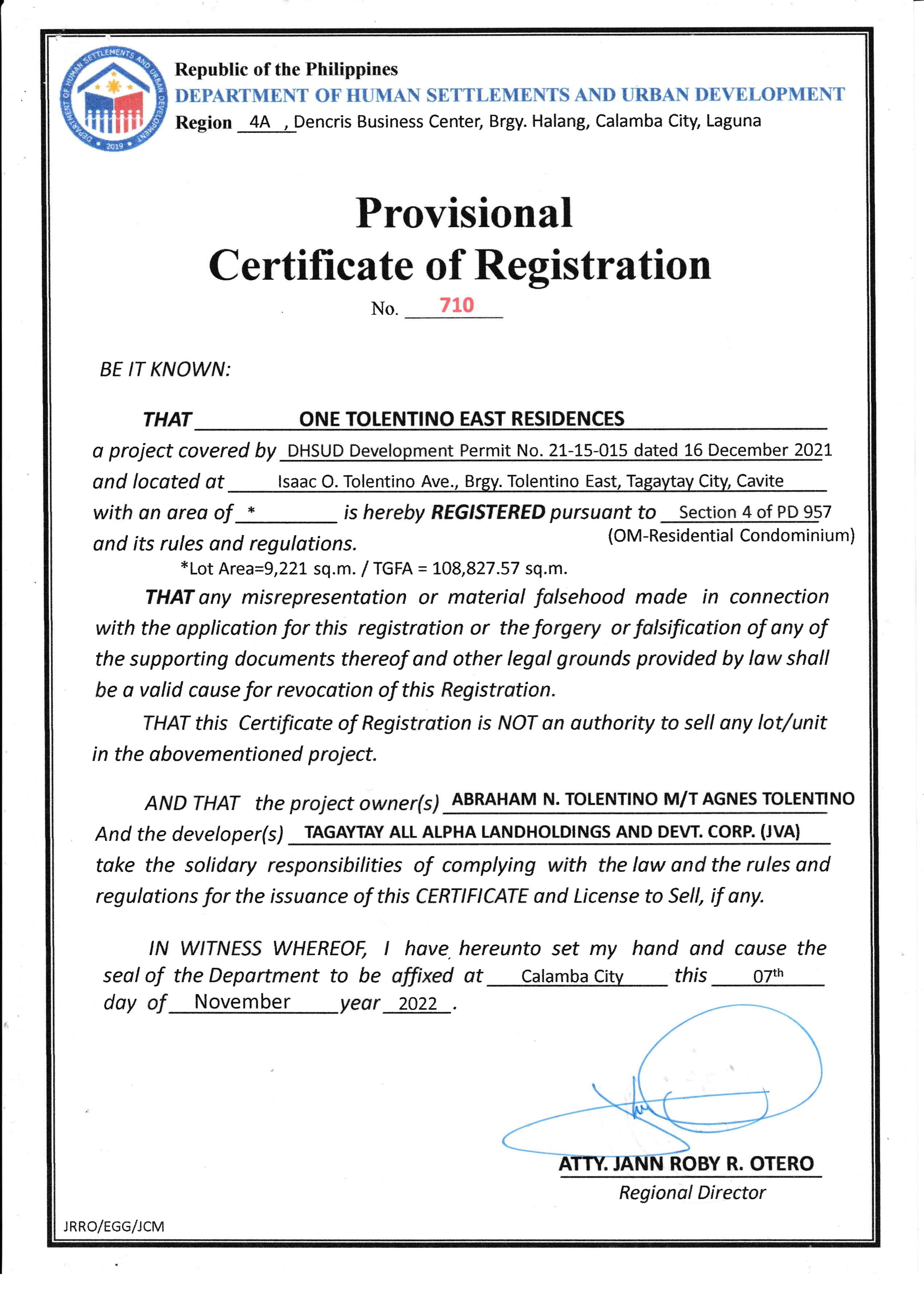 DHSUD Certificate of Registration