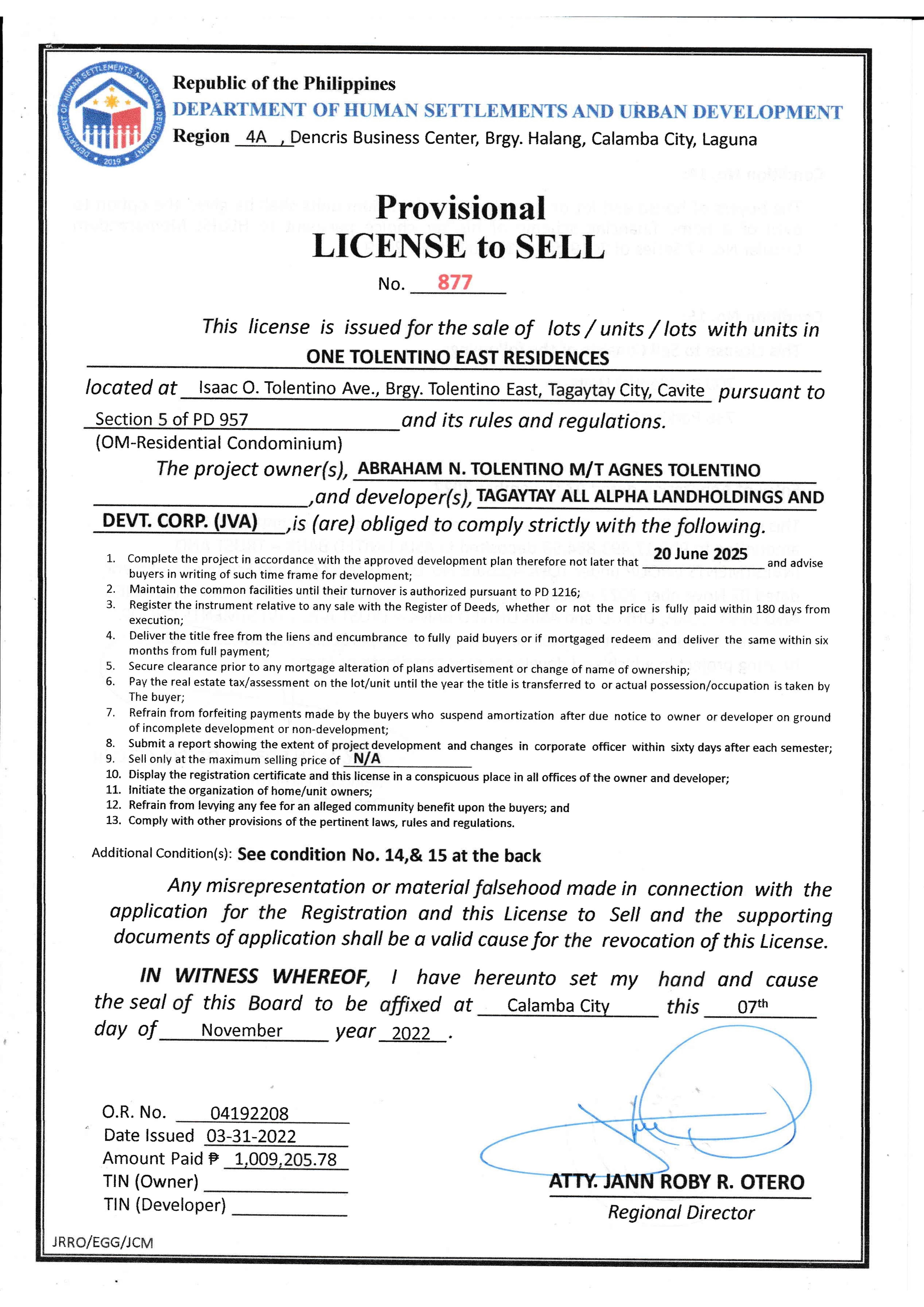 DHSUD Provisional License to Sell